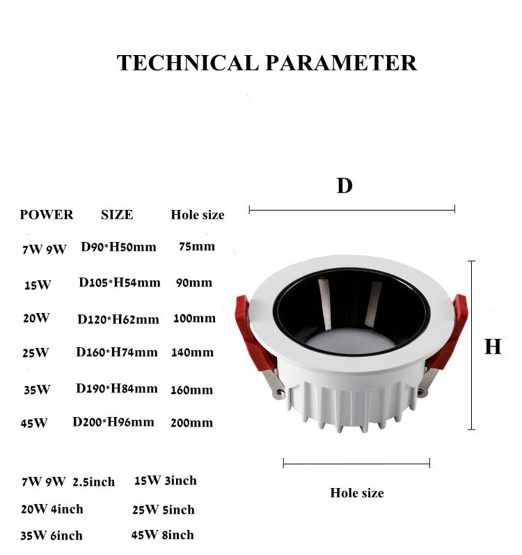 Anti-glare Recessed Ceiling Downlight lamp 7W 9W 15W 20W 35W 45W Dimmable cob led spot lights Ceiling Fixtures Lighting 85-265V