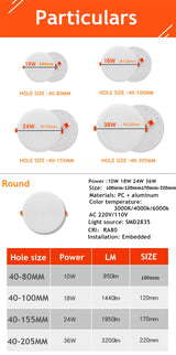 Ultra Thin Round/Square LED Panel Light 10W 18W 24W 36W Aluminum Ceiling Recessed Downlight AC 85-265V open hole adjustable