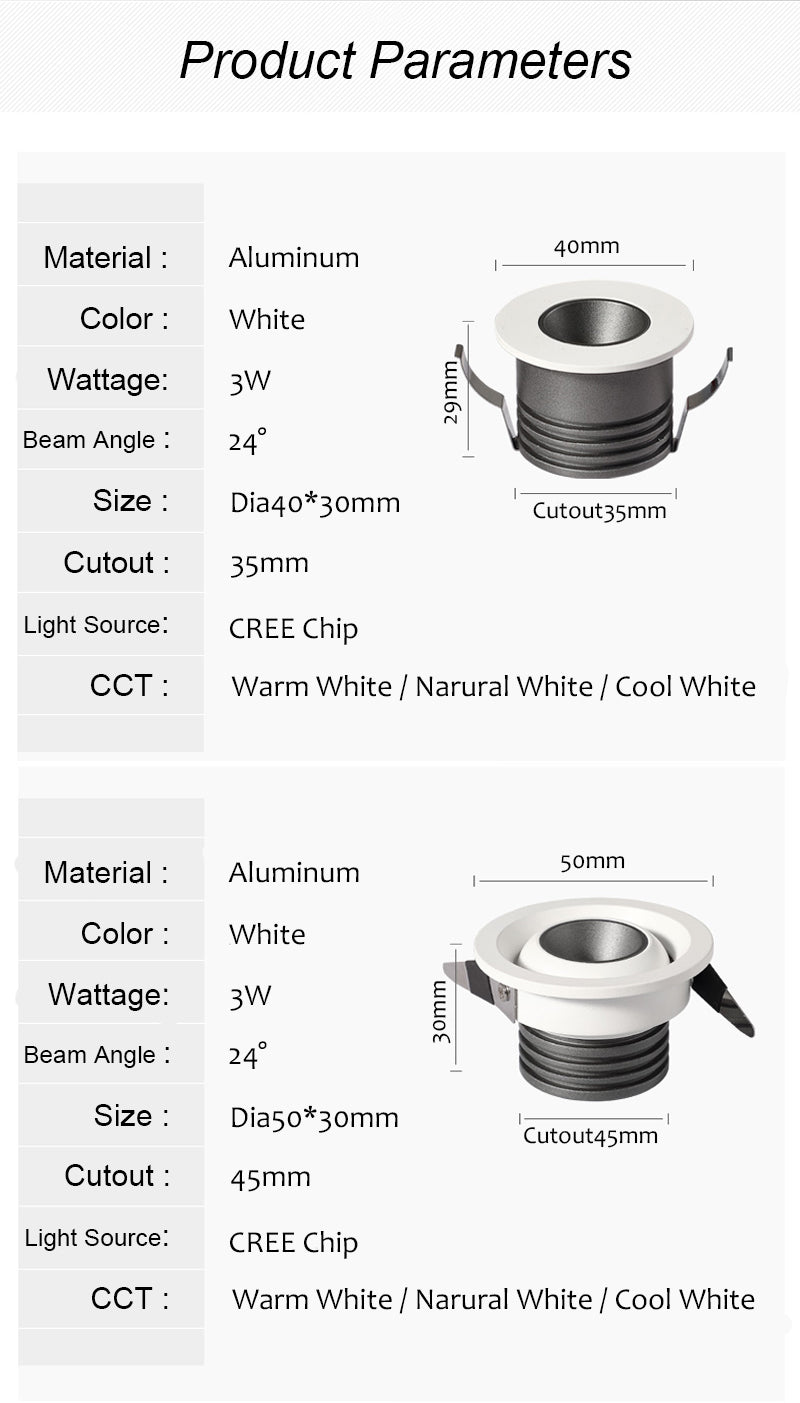 Dimmable LED Downlight White Ultra Thin Aluminum 3W Down Light 220V Round Recessed Spot Lighting For LED Chip