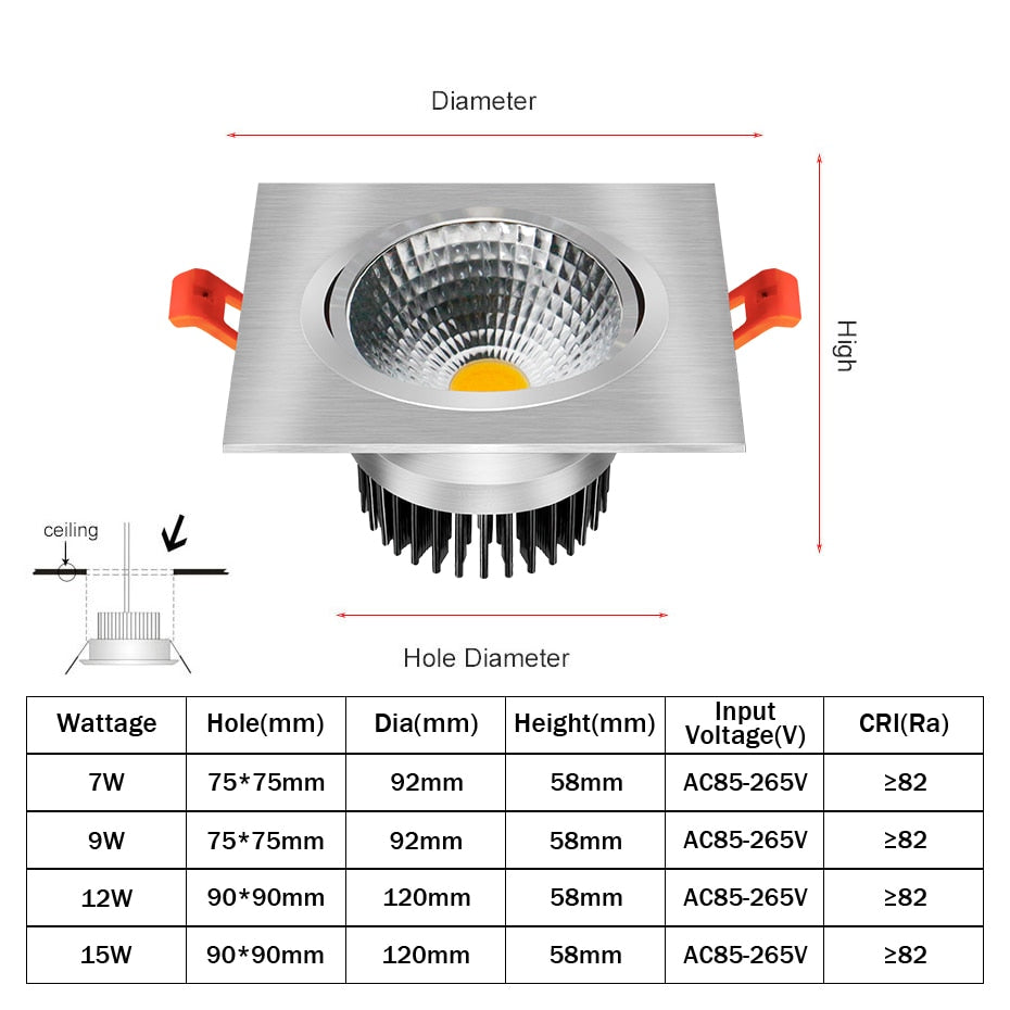 DBF Silver Square LED Recessed Downlight Dimmable 7W 9W 12W 15W with AC85-265V LED Driver Indoor Clothes Shop Ceiling Spot Lamp