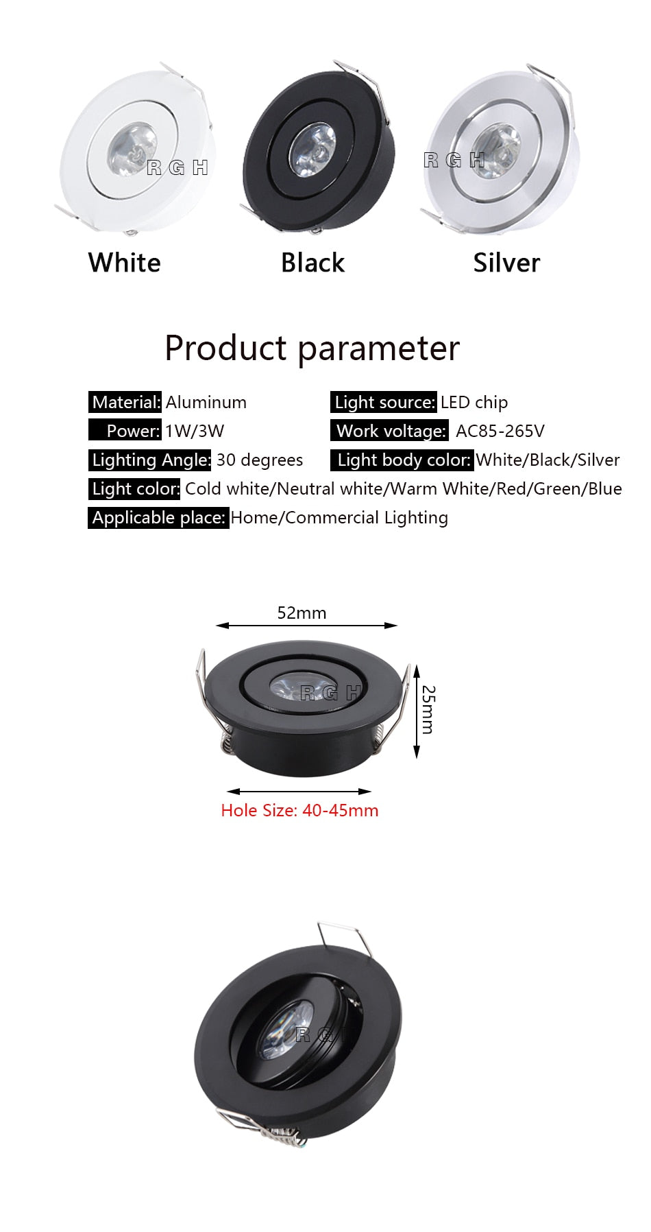 Silvery/Black/White Mini LED Downlights 1W 3W 100V-240V 10 PCS Jewelry Display Ceiling Recessed Cabinet Spot Lamp
