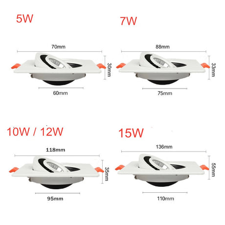 360 Angle Rotatable LED Recessed Downlight 5W 7W 10W 12W 15W LED Ceiling Spot Light 3000K/4000K/6000K Black/White Housing Light