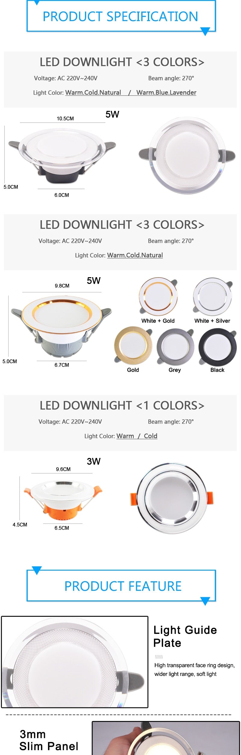 Downlight 3W 5W led Downlight AC220V-240V new six color recessed downlight ceiling Kitchen living room Indoor ceiling spot light