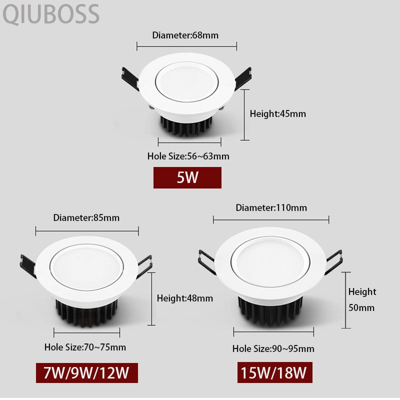 Round Dimmable LED Downlight Recessed LED Ceiling Lamps AC90-260V 5W/7W/9W/12W/15W/18W COB Background Light Indoor Lighting