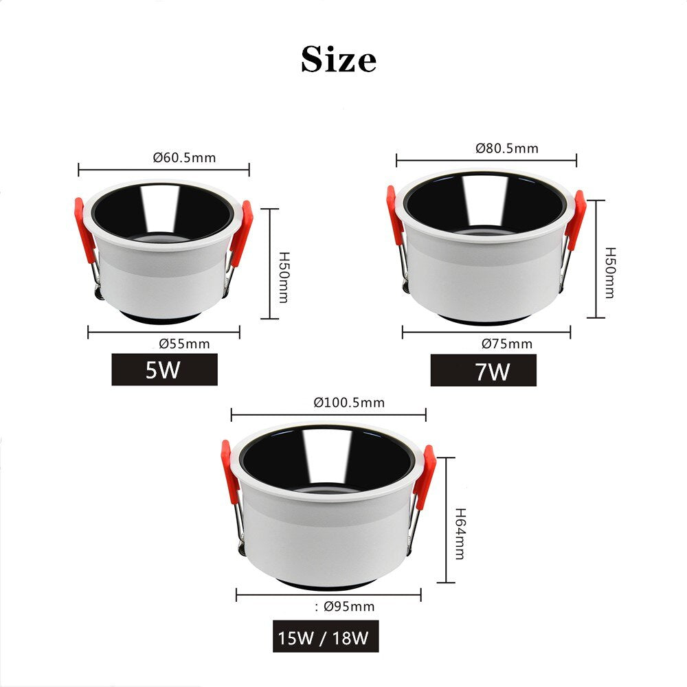 LED Downlight 7w 15w 18w Round Recessed LED Ceiling Lamp Anti Glare Led Bulb Bedroom Living Room Indoor LED Spot Lighting