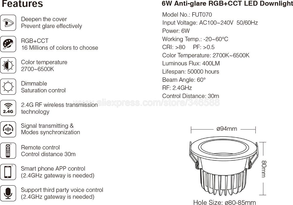 MiBoxer FUT070 6W Anti-glare RGBCCT Adjustable LED Downlight Recessed Ceiling Light AC 110V 220V 2.4G RF Remote WiFi APP Control