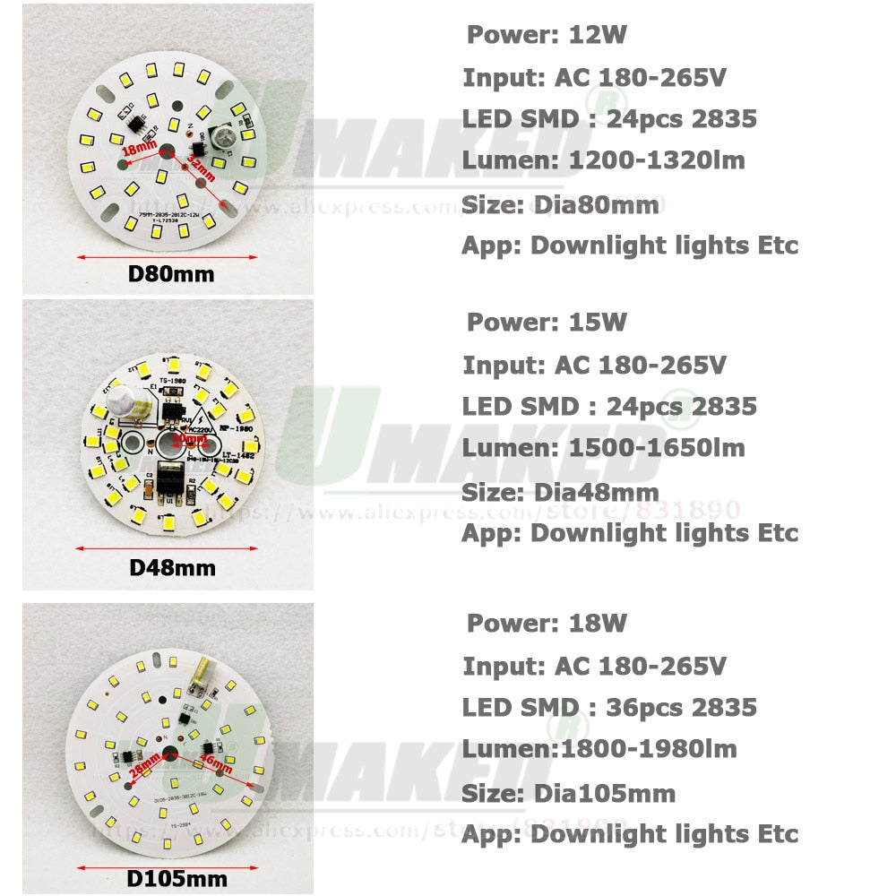 LED Module 5W 7W 9W 12W 15W 18W 10pcs AC220V Downlight PCB Aluminum plate White/Warm SMD2835 Smart IC Driver No Flick Lamp DIY