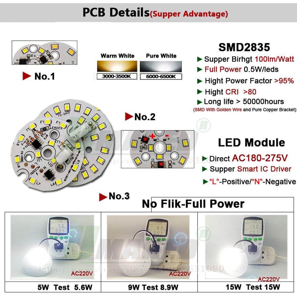 LED Module 5W 7W 9W 12W 15W 18W 10pcs AC220V Downlight PCB Aluminum plate White/Warm SMD2835 Smart IC Driver No Flick Lamp DIY