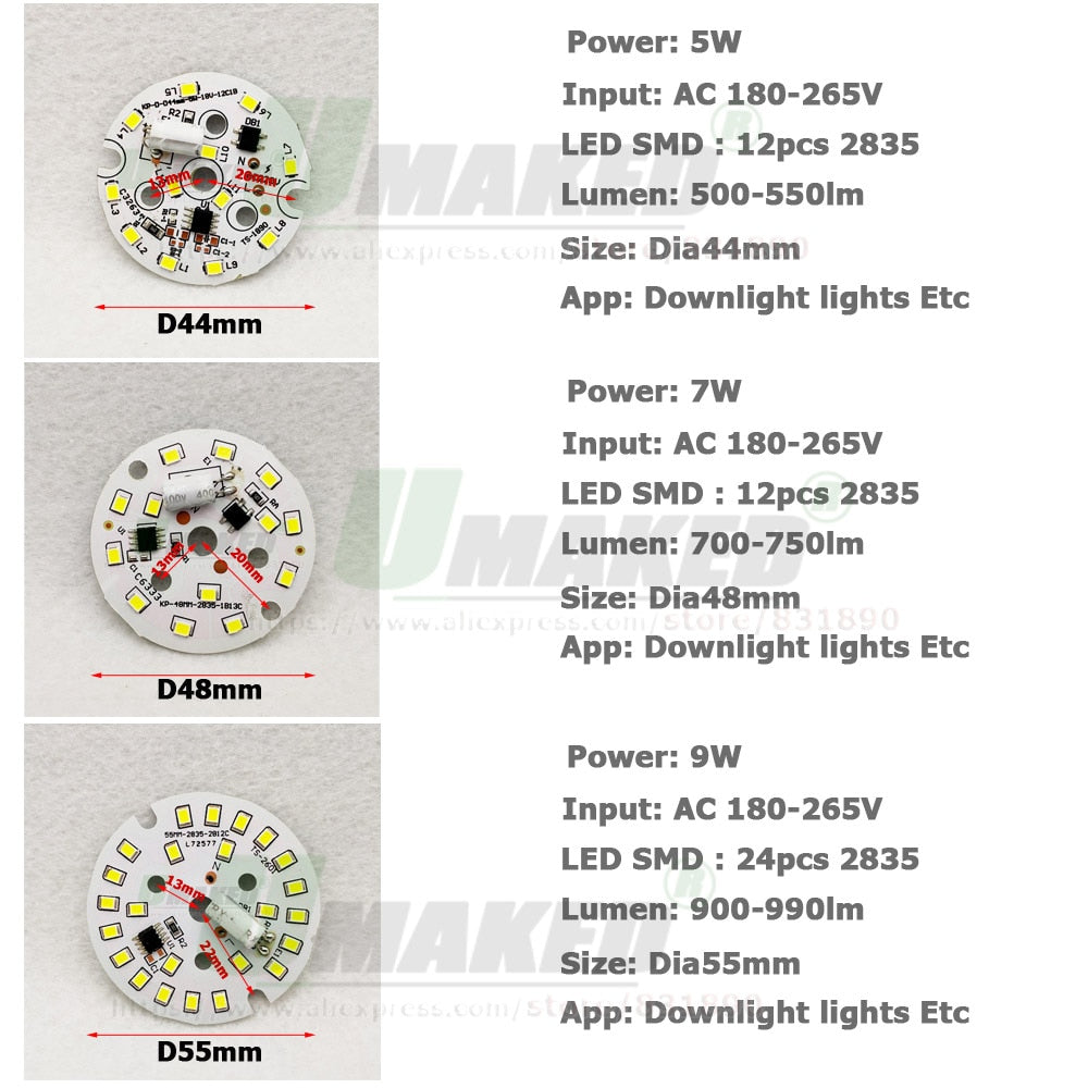LED Module 5W 7W 9W 12W 15W 18W 10pcs AC220V Downlight PCB Aluminum plate White/Warm SMD2835 Smart IC Driver No Flick Lamp DIY
