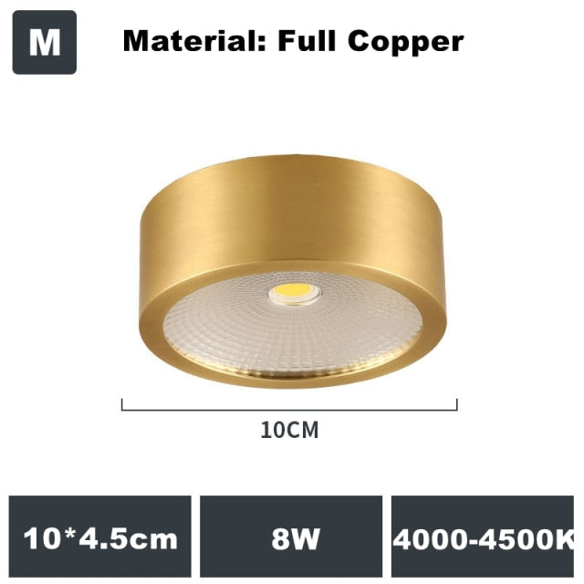 Full Copper Aluminum 220V LED Ceiling Downlight Nordic Hallway Corridor Porch Surface Mounted Brass 6W 8W 10W Spot Light Fixture