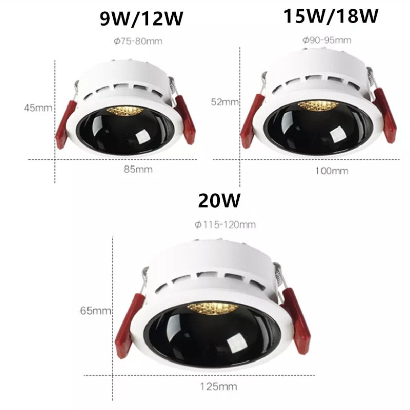 Dimmable Recessed Anti Glare COB LED Downlights 9W/12W/15W/18W/20W Ceiling Spot Lights AC90~260V Background Lamp Indoor Lighting