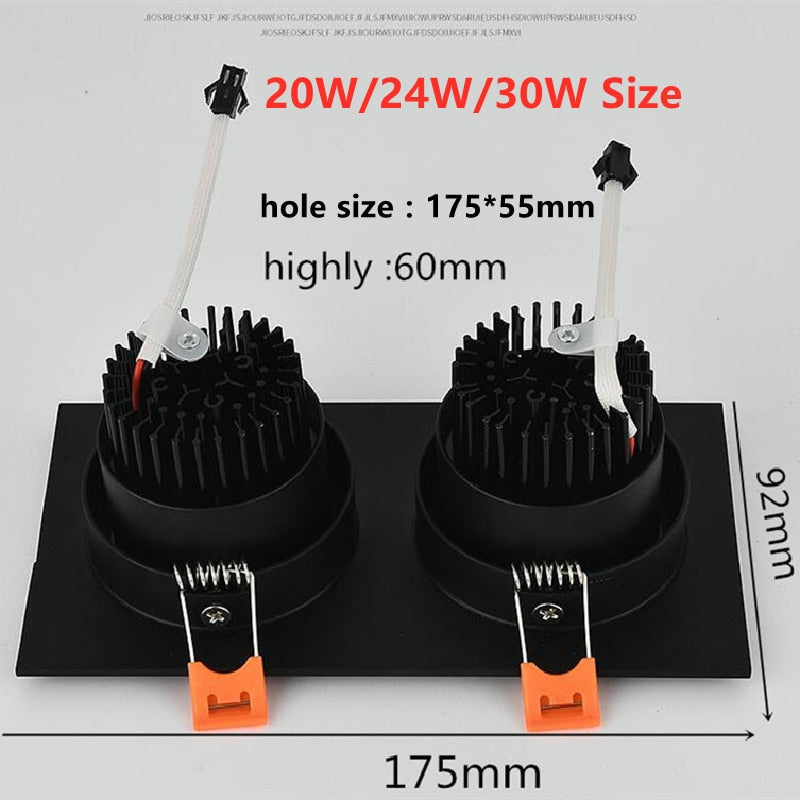 Anti-glare Double Square Dimmable LED Downlight COB Recessed LED Ceiling Lamp Spot Light 20w 24W 30W AC85-265V Indoor Lighting