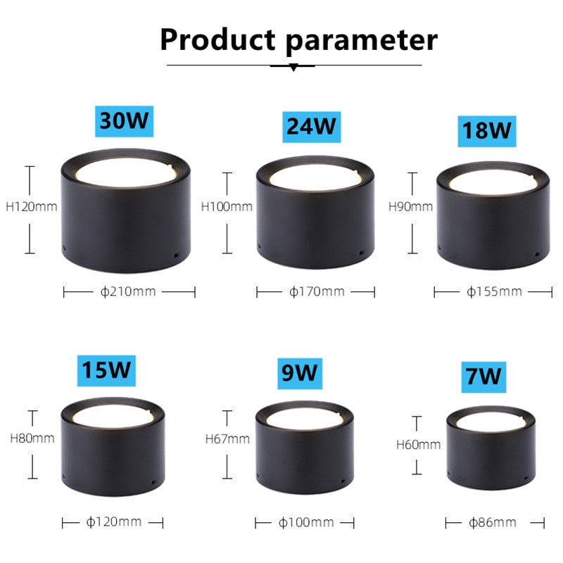 Surface Mounted LED Downlight 7W 9W 15W 18W 24W 30W Dimmable 110V 220V Simple Ceiling Spot Lamp Black and White Indoor Lighting