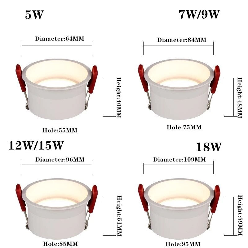 Round recessed downlight dimming 5W 7W 9W 12W 15W 18W LED ceiling spotlight, home lighting AC85-265V