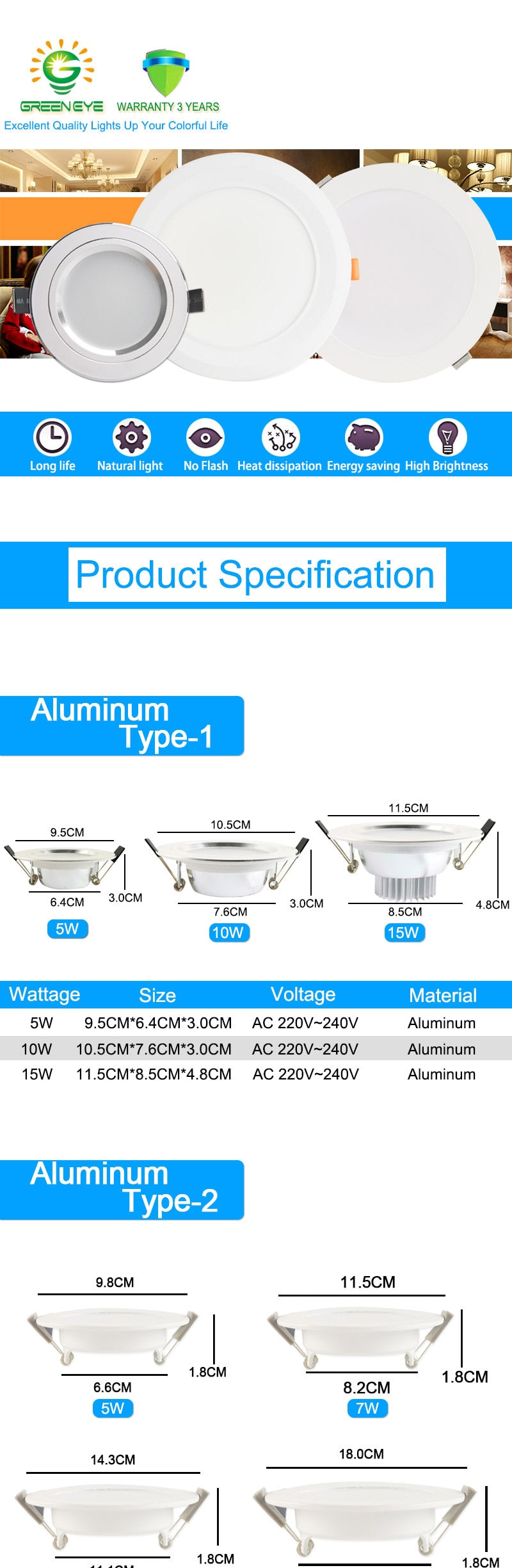 GreenEye Ultra Bright Round LED Downlight 5W 10W 15W Aluminum Bombillas AC 220V LED Down Light Ceiling Recessed Spot Light