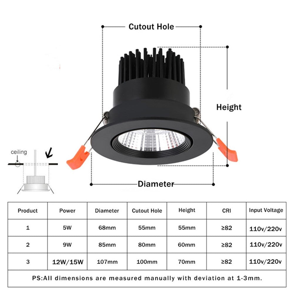 LED Downlight Dimmable 5W 12W 15W Recessed in LED Ceiling Downlight Light AC85-265V LED Downlight Ceiling Recessed Spot Light