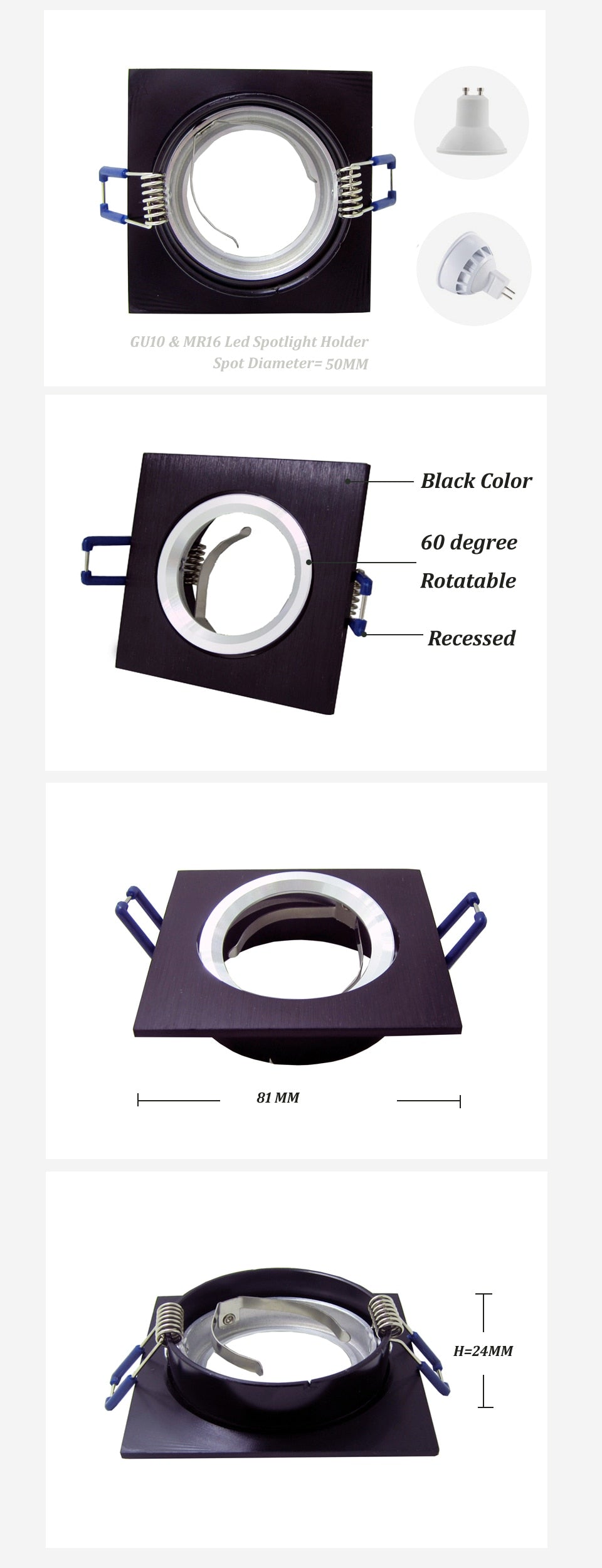 NEW Black Square Recessed LED Ceiling Light Adjustable Frame for MR16 GU10 Bulb Downlight Holder