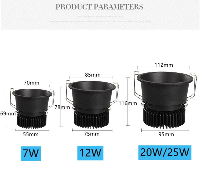 Round Recessed Ceiling Spotlight Dimmable 110V 220V LED COB Downlight With Drive 7W 12W 20W 24W 38° Lamp For Indoor Lighting