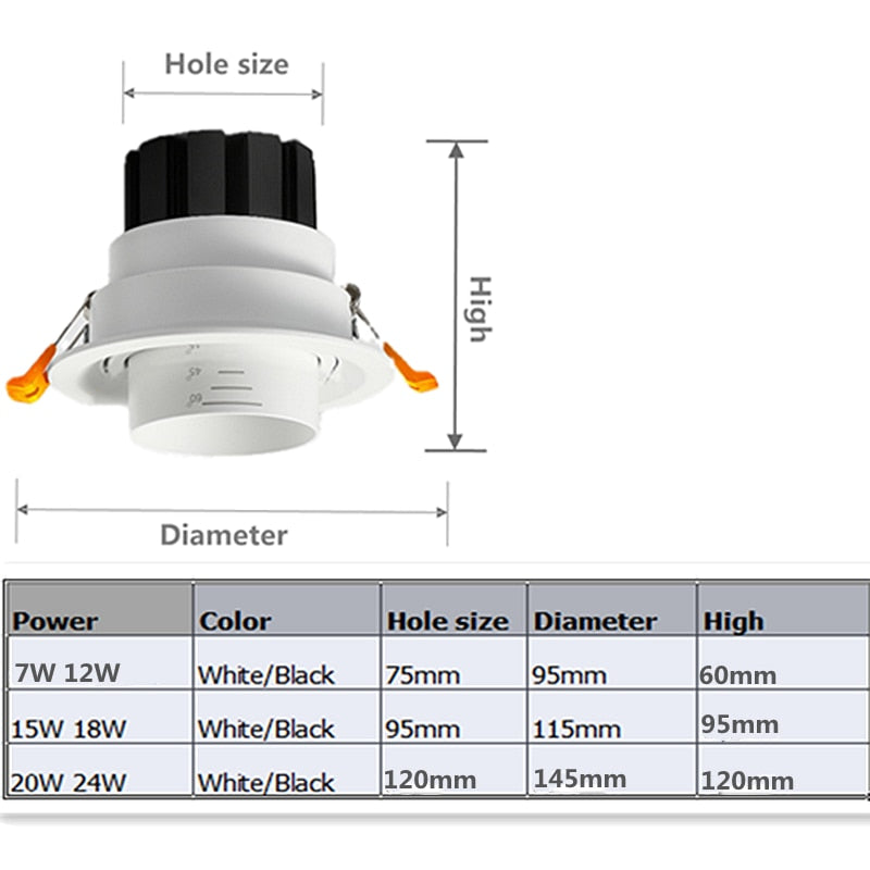 Recessed Dimmable COB LED Downlights 7W 12W 15W 18W 20W 24W LED Ceiling Lamps AC85~265V LED Spotlights Indoor Lighting
