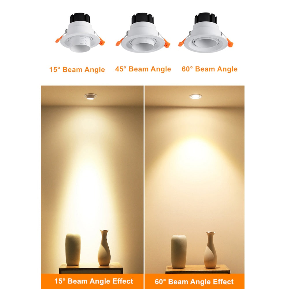 Beam Angle Adjustable 15/45/60 Degrees LED COB Recessed Downlight 5W 10W 15W LED Ceiling Spot Light for Picture Background