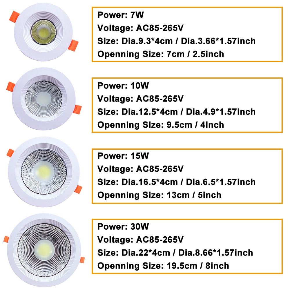 LED Recessed Downlight 7W 10W 15W 30W LED COB Ceiling Lamp AC85-265V Spot Light Bedroom Decor Indoor Lighting lampara led D30