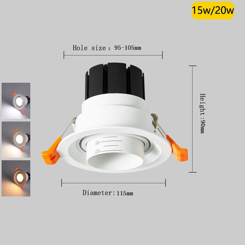 Beam Angle Adjustable 15/45/60 Degrees LED COB Recessed Downlight 7W 12W 15W 20W LED Ceiling Spot Light for Picture Background