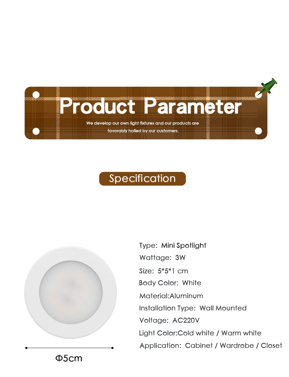 LED Downlight Mini Spot light Wall Surface Mounted Lamp 3W 5W 7W Panel Light Home Decor Cabinet Closet Indoor Lighting 220V 240V