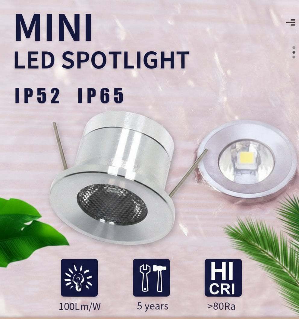 Mini LED spotlight with specifications on a decorative background