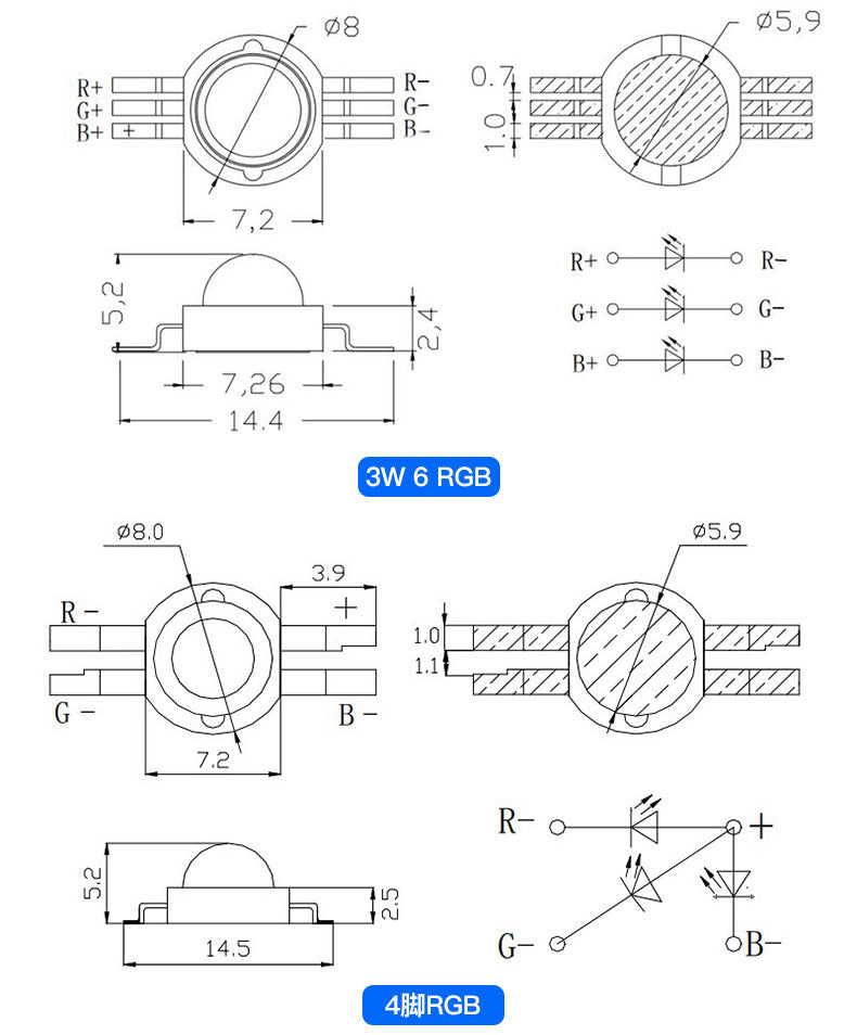 High Power LED Bead 5pcs 3W RGB RGBW with pcb Board led source, 4pin 6pin RGB red green blue led chip for stage light Downlight