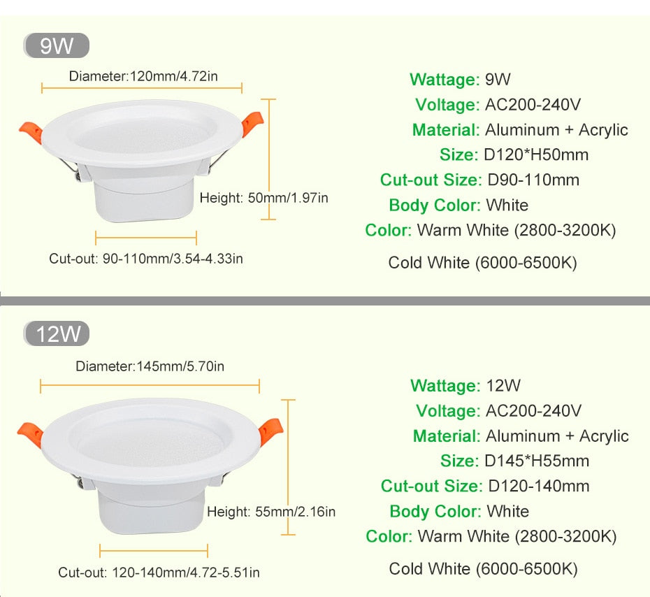 LED Spot Light 220V 3W 5W 9W 12W 20W Led Down Light Recessed Led Ceiling Downlight Warm White/Cold White/3 Color For Living Room