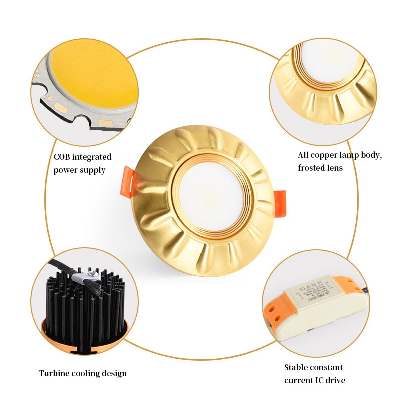 European Luxury 5W Copper COB led Downlight Smallpox Embedded Vintage Pure Copper LED Spotlight for Livingroom Hotel Corridor