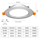 DBF Ultra Bright Silver Round LED Downlight 3W 5W 7W 9W 12W Aluminum Driverless SMD 2835 LED Ceiling Recessed Spot Light AC220V