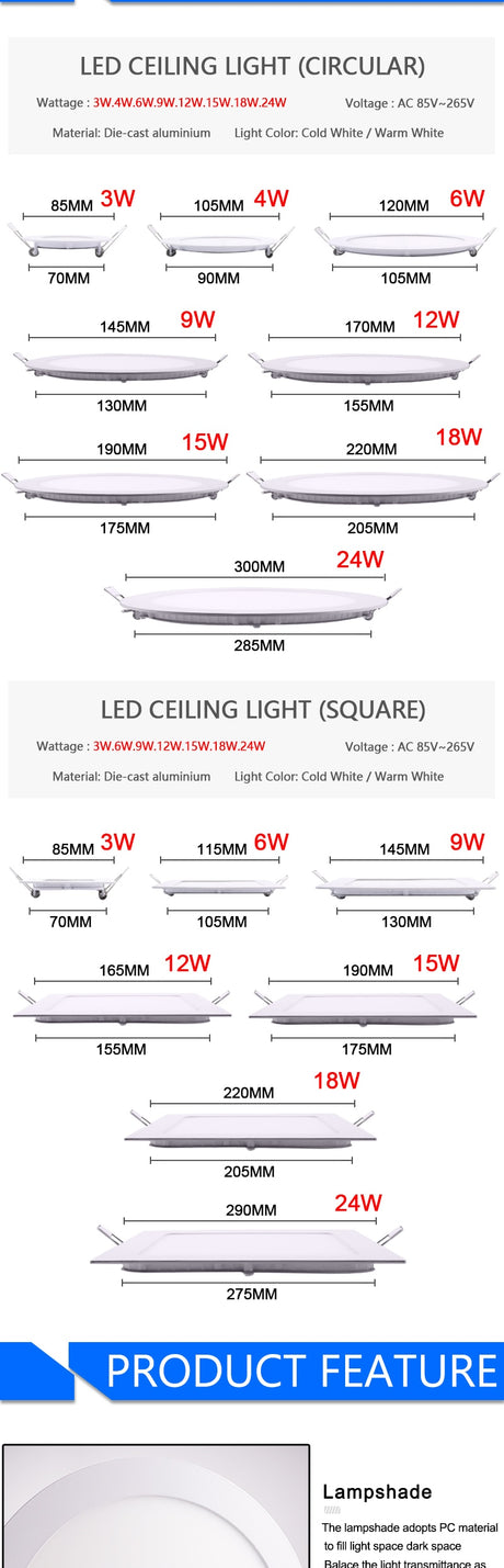 LED Ultra thin Downlight lamp 24W 18W 12W 9W 6W 3W AC110V 220V led ceiling recessed grid downlight slim round square panel light