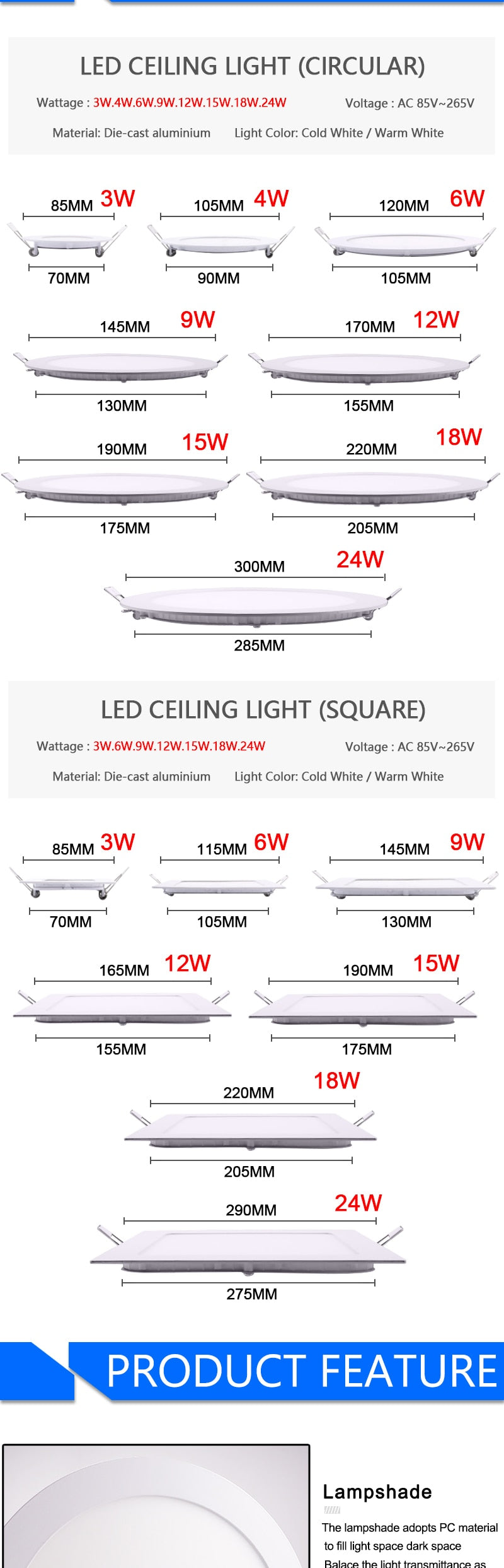 LED Ultra thin Downlight lamp 24W 18W 12W 9W 6W 3W AC110V 220V led ceiling recessed grid downlight slim round square panel light