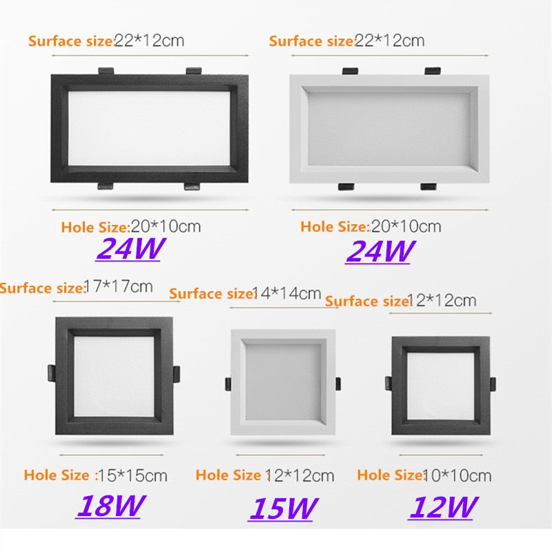 Square Downlight Embedded LED Ultra-thin Hole Light Ceiling Grille Bold Light 12W 15W 18W 24W
