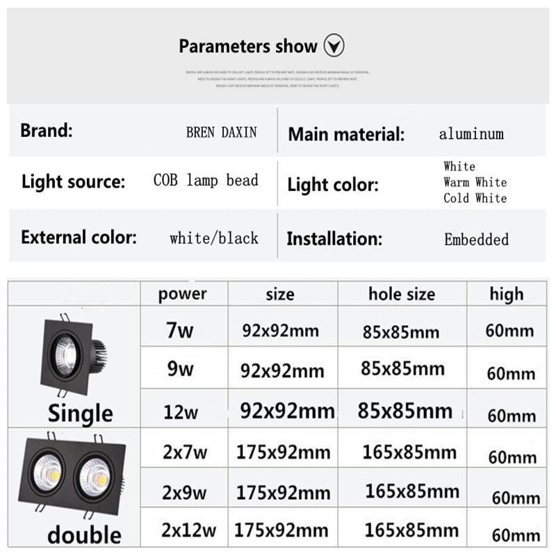 Dimmable Recessed COB Downlights 7W 9W 12W LED Square Ceiling Spot Lights AC85-265V LED Ceiling Lamps Indoor Lighting