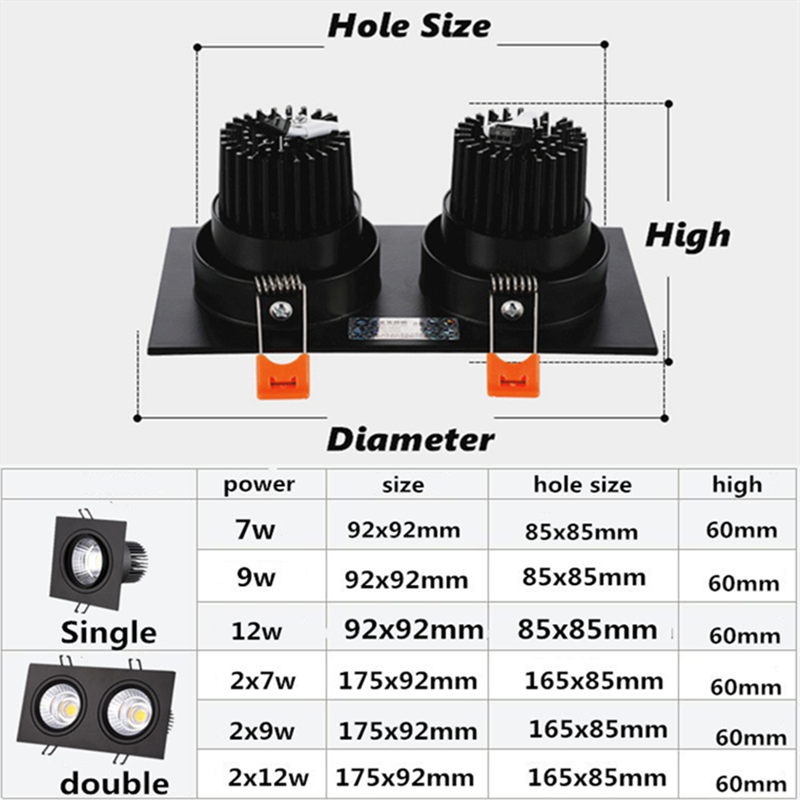 Dimmable Recessed COB Downlights 7W 9W 12W LED Square Ceiling Spot Lights AC85-265V LED Ceiling Lamps Indoor Lighting