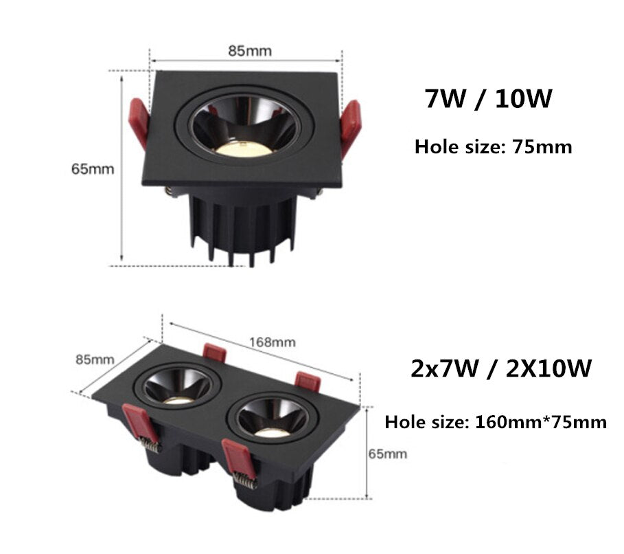 Square Dimmable Recessed COB LED Downlights 7W 10W 2X7W 2X10W LED Ceiling Lamps AC85-265V LED Ceiling Spot Lights Indoor Lighting