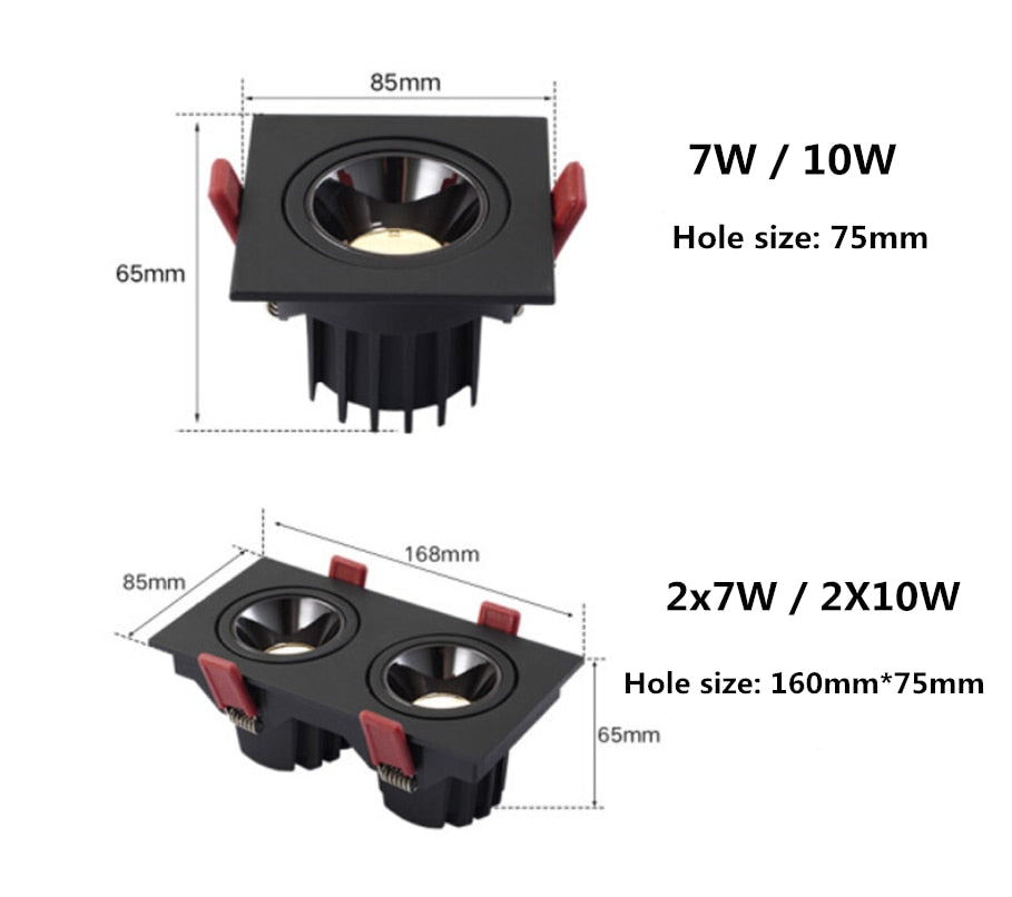 Square Dimmable Recessed COB LED Downlights 7W 10W 2X7W 2X10W LED Ceiling Lamps AC85-265V LED Ceiling Spot Lights Indoor Lighting