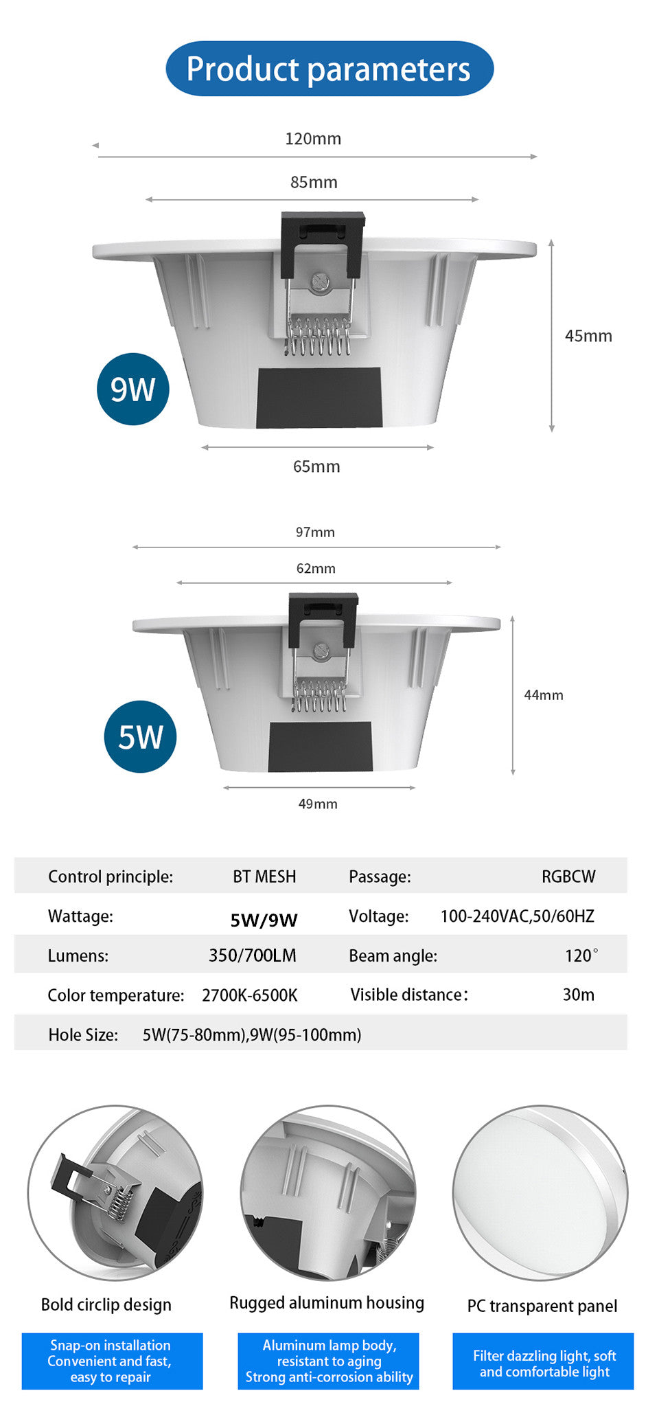Smart LED Downlight Dimming Round Spot Light 5W 9W RGB Color Changing Warm Cold light Bluetooth APP Control Smart Light