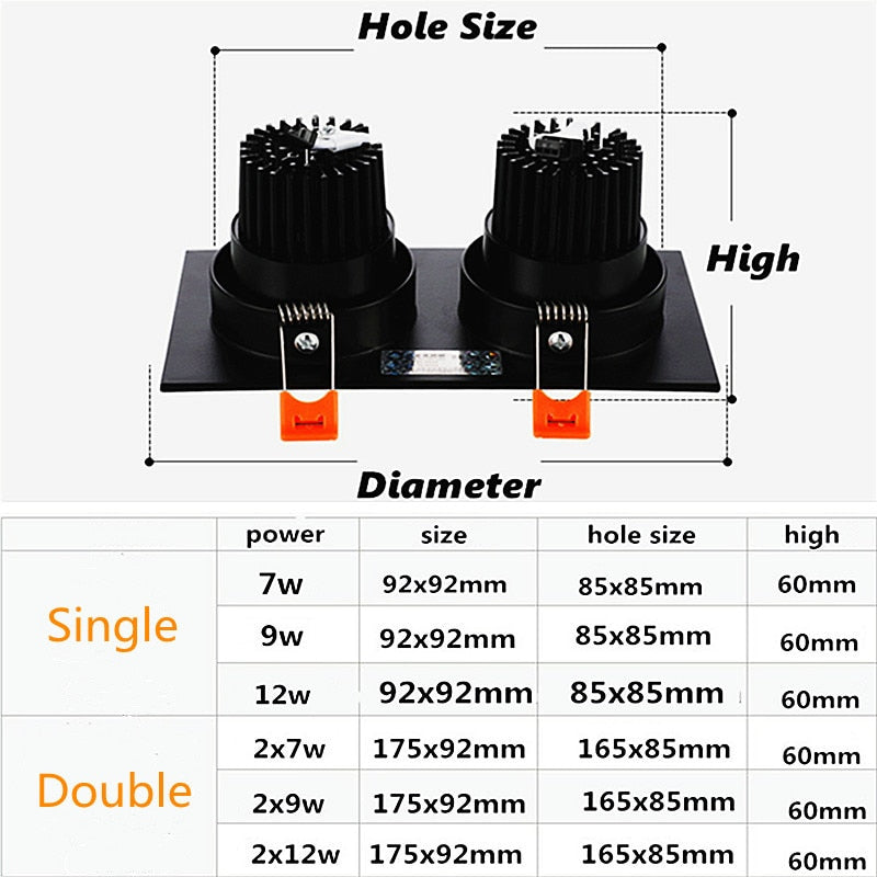 Square Dimmable Recessed COB LED Downlights 7W 9W 12W LED Ceiling Spot Lights AC85-265V LED Ceiling Lamps Indoor Lighting