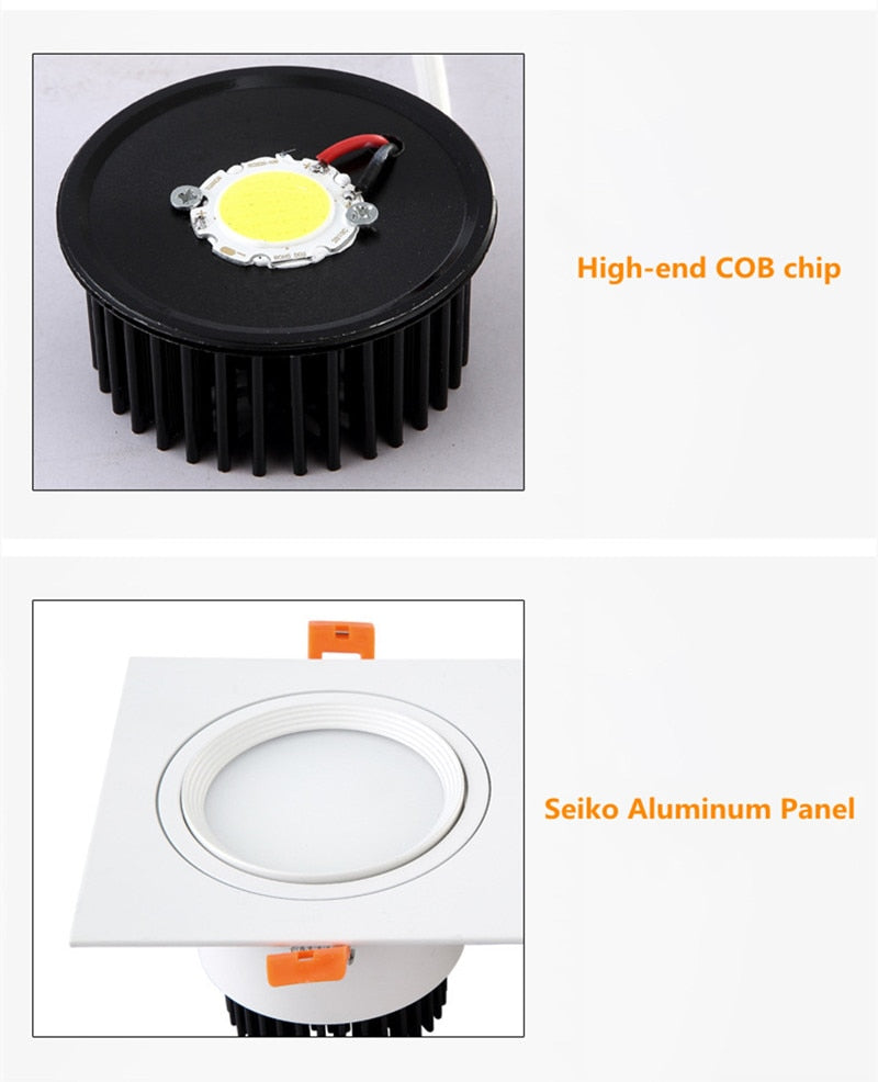 Square Dimmable Recessed COB LED Downlights 7W 9W 12W LED Ceiling Spot Lights AC85-265V LED Ceiling Lamps Indoor Lighting