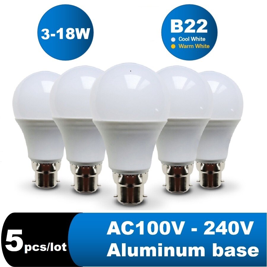 LED Lamp E27 B22 5pcs/lot Lampada Lampe Bedroom/Store Downlight Reading Replacement 3W 6W 9W 12W 15W 18W 110V 220V Cold White