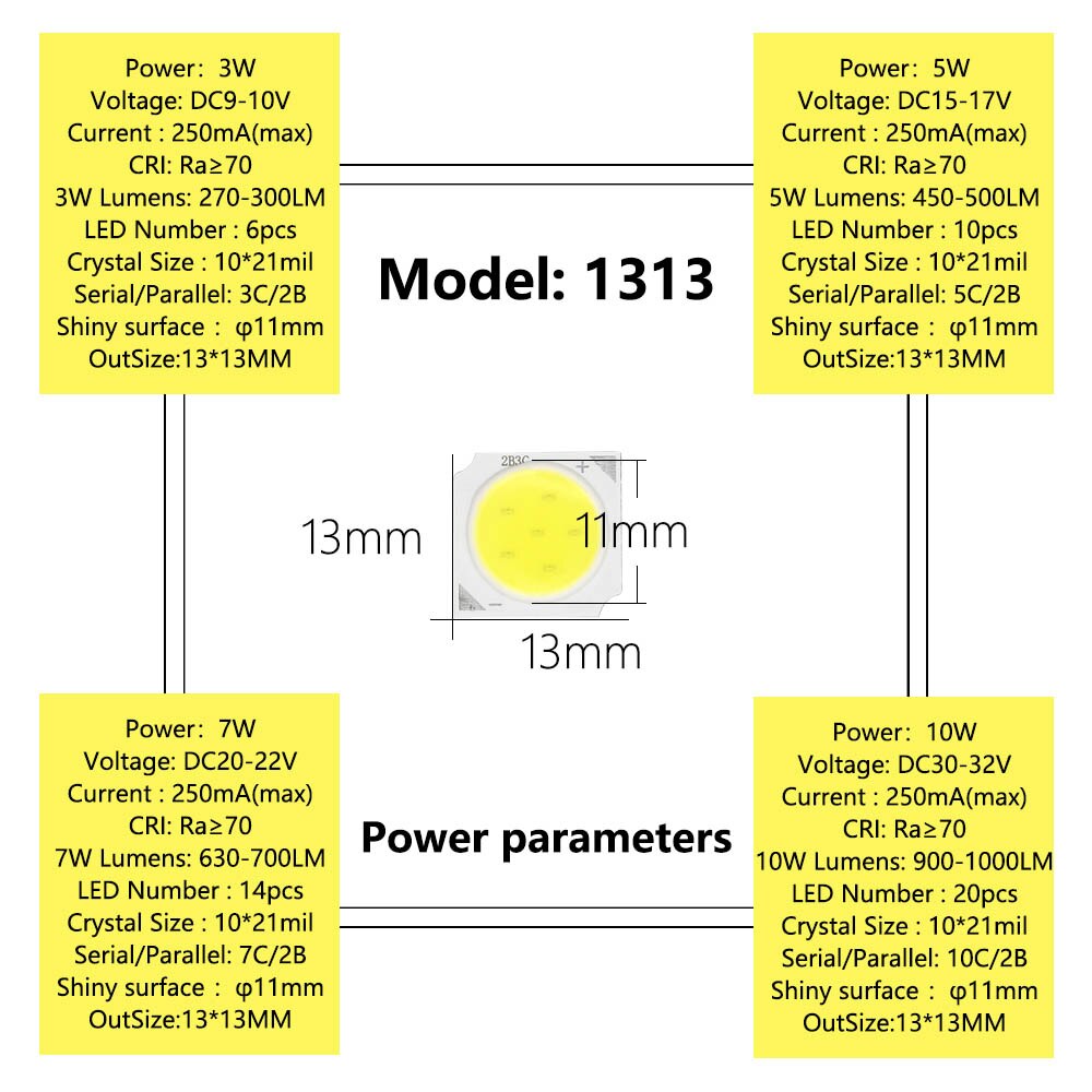 LED COB Light Beads 1313 10pcs a lot 3W/5W/7W/10W 6500K/4000K/3000K LED lamp Bead LED Bulb Chip Spot Light Downlight Diode Lamp