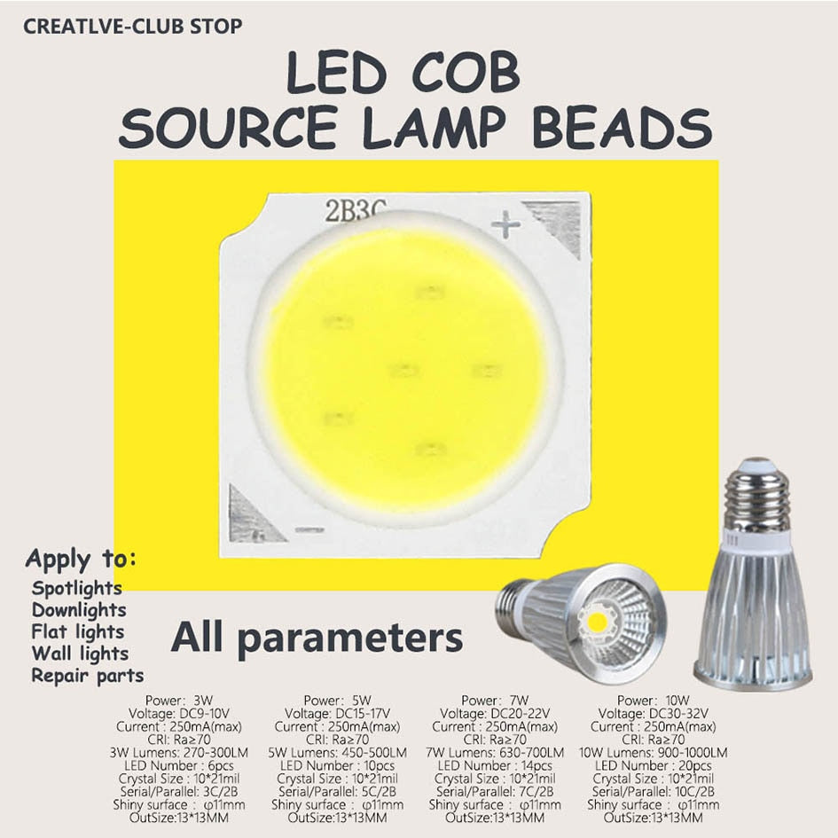 LED COB Light Beads 1313 10pcs a lot 3W/5W/7W/10W 6500K/4000K/3000K LED lamp Bead LED Bulb Chip Spot Light Downlight Diode Lamp