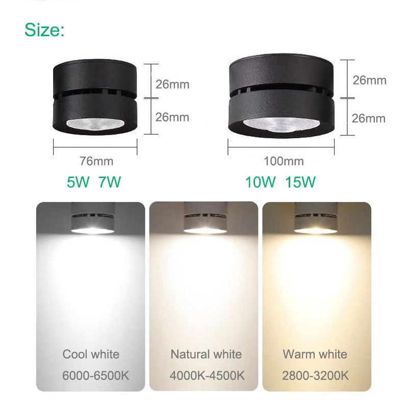 New LED surface mounted downlight, COB spotlight ceiling light 5W 7W 10W 15W foldable 360-degree rotating background wall lighting