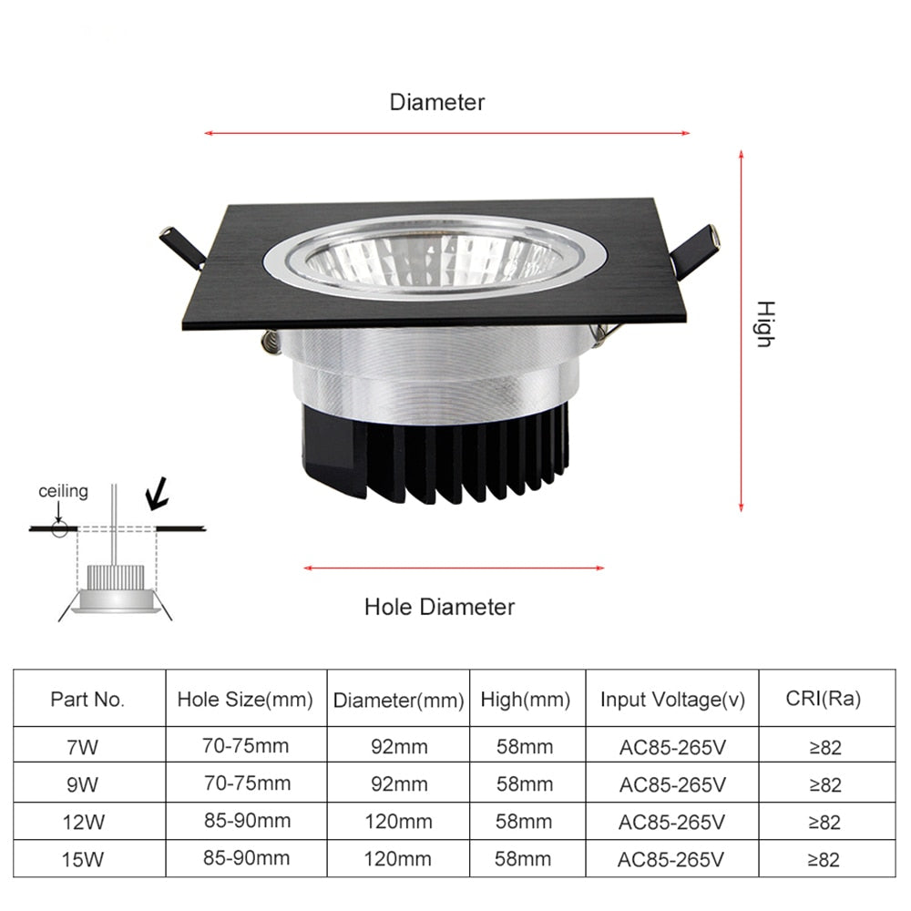 DBF Black Round/Square Recessed LED Dimmable Downlight COB 7W 9W 12W 15W LED Spot Light LED Decoration Ceiling Lamp AC110V/220V