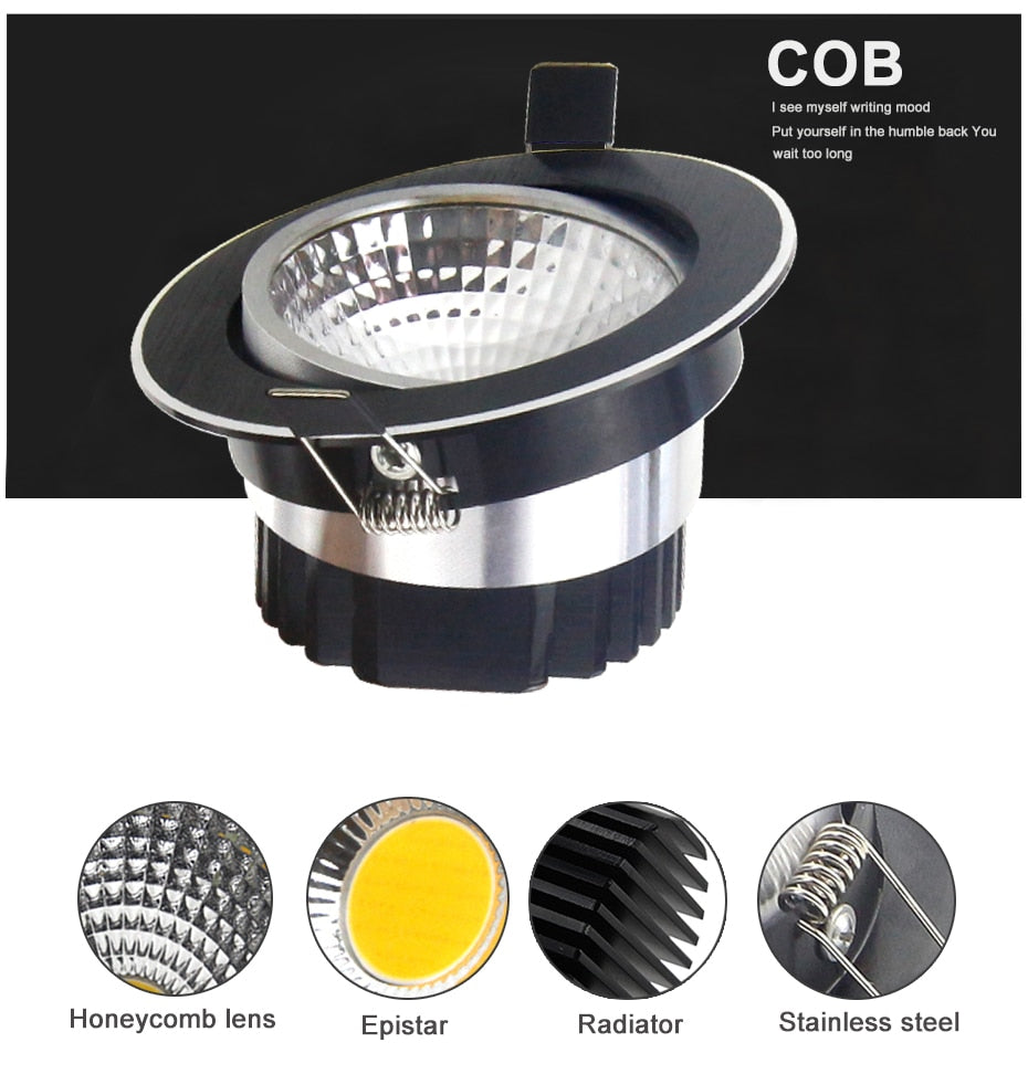 DBF Black Round/Square Recessed LED Dimmable Downlight COB 7W 9W 12W 15W LED Spot Light LED Decoration Ceiling Lamp AC110V/220V