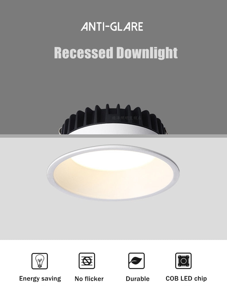 Anti-Glare LED Downlight Narrow Border Dimmable COB LED Ceiling Lamp Living Room Restaurant Background Recessed Spot Light