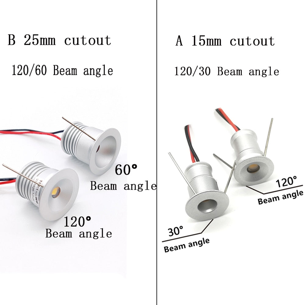 LED Spotlight Dimmable Spot Lamp DC12V 1W 15mm 25mm Cutout Recessed Downlight IP65 Bedroom Ceiling Cabinet Stair Spotlight